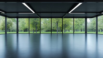 Spacious and Modern Interior with Large Windows Overlooking Lush Green Trees and Scenic Nature Landscape, Bright and Airy Atmosphere Perfect for Various Creative Uses