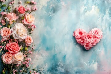 A vibrant heart crafted from colorful flowers blooms against a serene blue backdrop, embodying love and beauty this Valentine's Day.