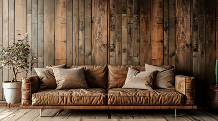 Brown couch with pillows and a potted plant in front of a wooden wall