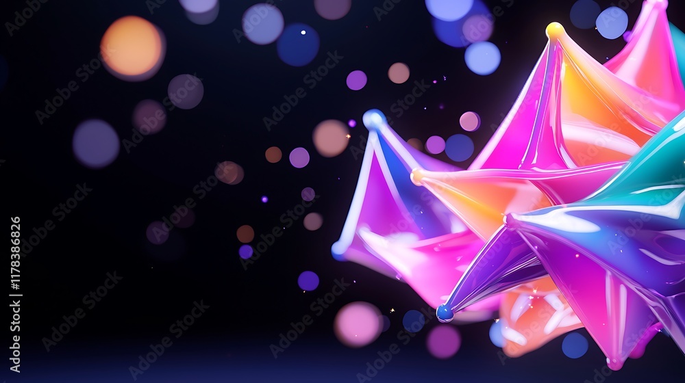 Poster abstract colorful 3d render of glossy geometric shapes on dark background with bokeh lights.