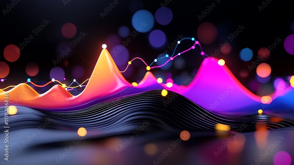 Poster abstract colorful 3d data visualization with glowing peaks and lines on a dark background.