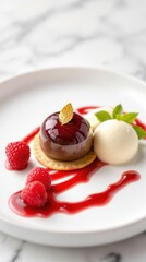 Elegant dessert with chocolate mousse and raspberries on white plate