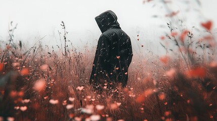 Hooded figure standing in a misty field of wildflowers.