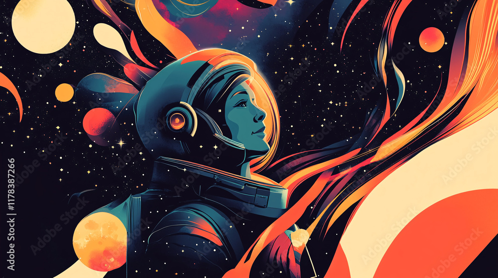 Poster an abstract scene of an astronaut delivering a lecture, with swirling stars and planets in the backg