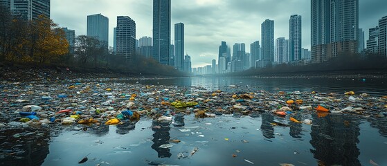 Obraz premium Pollution meets progress a river choked with plastic waste reflecting tall skyscrapers