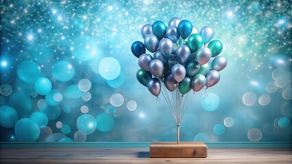A cluster of iridescent balloons, teal and silver, rise from a small wooden block against a bokeh background of shimmering aqua hues.