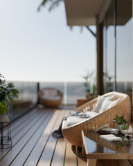 A cozy Scandinavian relaxation area on a balcony featuring a wicker sofa and a coffee table.