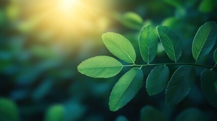 A close-up of green leaves illuminated by soft sunlight in a natural setting.