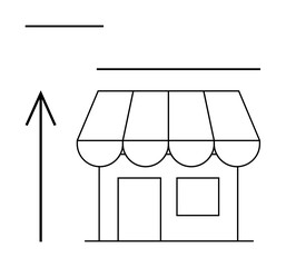 Upward arrow next to a storefront building suggesting growth and success. Ideal for business growth, retail success, economic trend, entrepreneurship, market expansion, prosperity, financial
