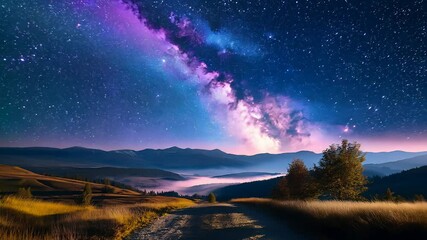 Milky Way over the beautiful cloudy mountain at night. Colorful landscape with bright starry sky with Milky Way arch, hills. Space view from earth, in nature.