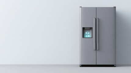 Modern silver refrigerator with water dispenser against a wall.