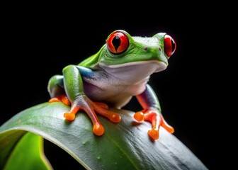 Naklejka premium Close-up: A striking red-eyed green frog perched delicately on a white leaf.
