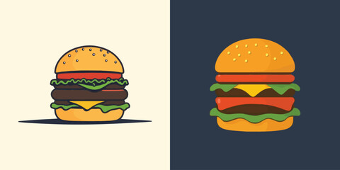 Burger, hamburger, and cheeseburger icons illustrate fast food meals of beef, cheese, lettuce, tomato, and onion on a bun