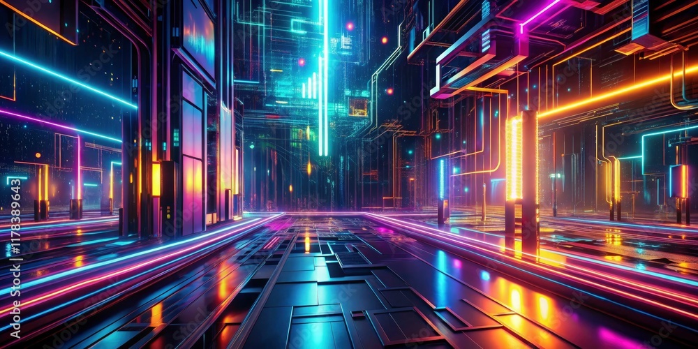 Poster cyberpunk's neon glow pulsates across high-tech circuitry in this ai-generated, abstract futuristic 