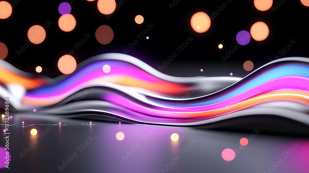 Poster abstract colorful glowing wave with bokeh lights on dark background.