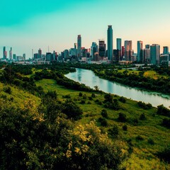 Obraz premium Stunning Urban Skyline Dusk Modern Cityscape River Greenery