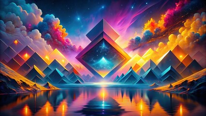 Dark blue, pink, orange, and yellow gradients form a surreal, geometric background of colorful, abstract shapes.