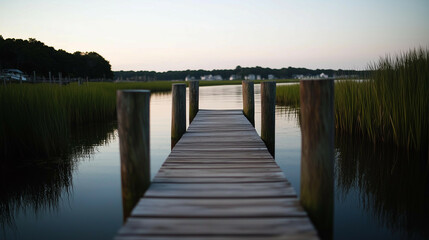 Wide wetland scene with a single wooden pier extending over calm water, surrounded by reeds and an expansive sky in soft pastel tones.