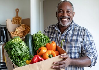 Smiling Senior Man Holding a Box of Fresh Produce