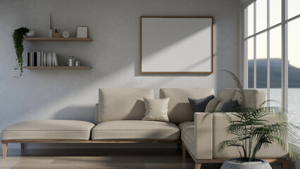 A cozy, minimalist beige living room featuring a large white sofa and minimalist home decor.