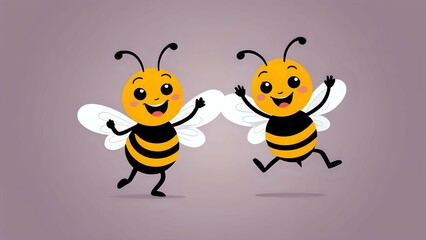Cute cartoon bees with happy expressions on simple colorful background. Fun character design concept
