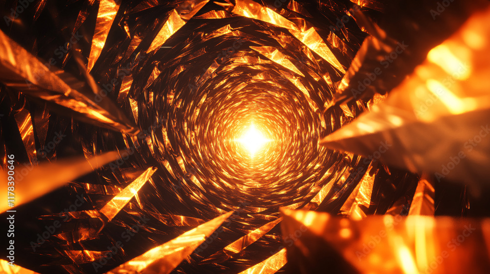Aufkleber an abstract swirl of arrows spinning in a vortex, converging at a single glowing point, symbolizing 