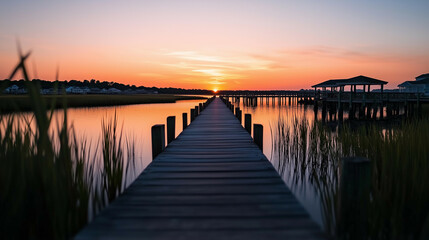 Wide wetland scene with a single wooden pier extending over calm water, surrounded by reeds and an expansive sky in soft pastel tones.