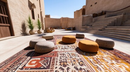 Cozy outdoor seating area with cushions and rugs in a courtyard.