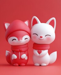 A charming scene featuring two adorable figurines, a playful cat and a curious fox, symbolizing friendship and love on Valentine's Day.