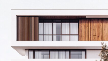 Modern minimalist architecture detail; white facade, wood accents, large windows.