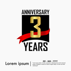 3rd years anniversary celebration emblem. elegant golden anniversary logo isolated with red ribbon on white background. vector illustration template design for web, flyers, poster, greeting card