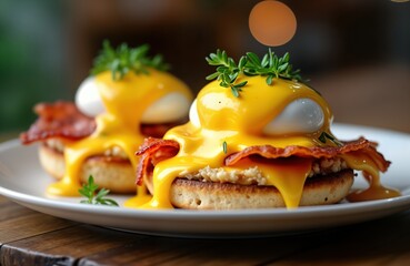 Close up of two egg Benedict dishes. Bacon slices sit on top of toasted English muffins. Poached eggs covered with creamy hollandaise sauce. Fresh herbs garnish dishes. Looks delicious, ready to eat.