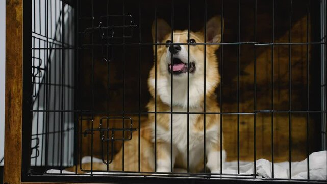 Dog Resting Comfortably in a Crate at the Veterinary Clinic