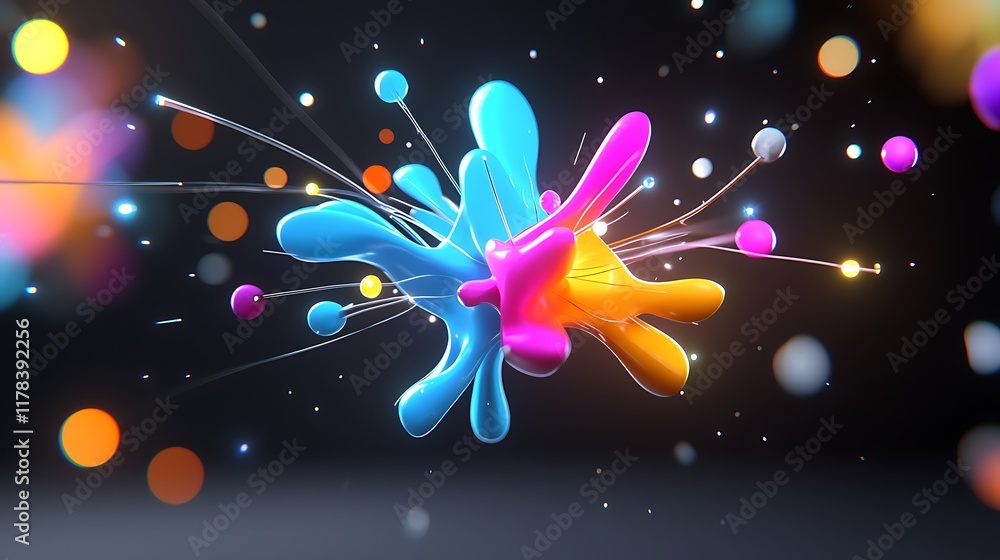Poster abstract colorful paint splash explosion with glowing particles on dark background.