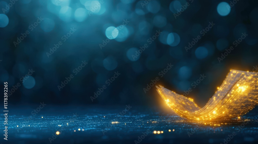 Poster glowing digital forms transforming a serene environment in a virtual space