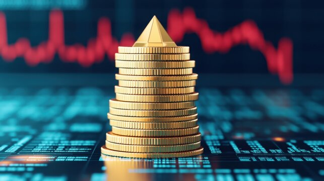 Economic trends of gold coins rising in pyramid shape visuals