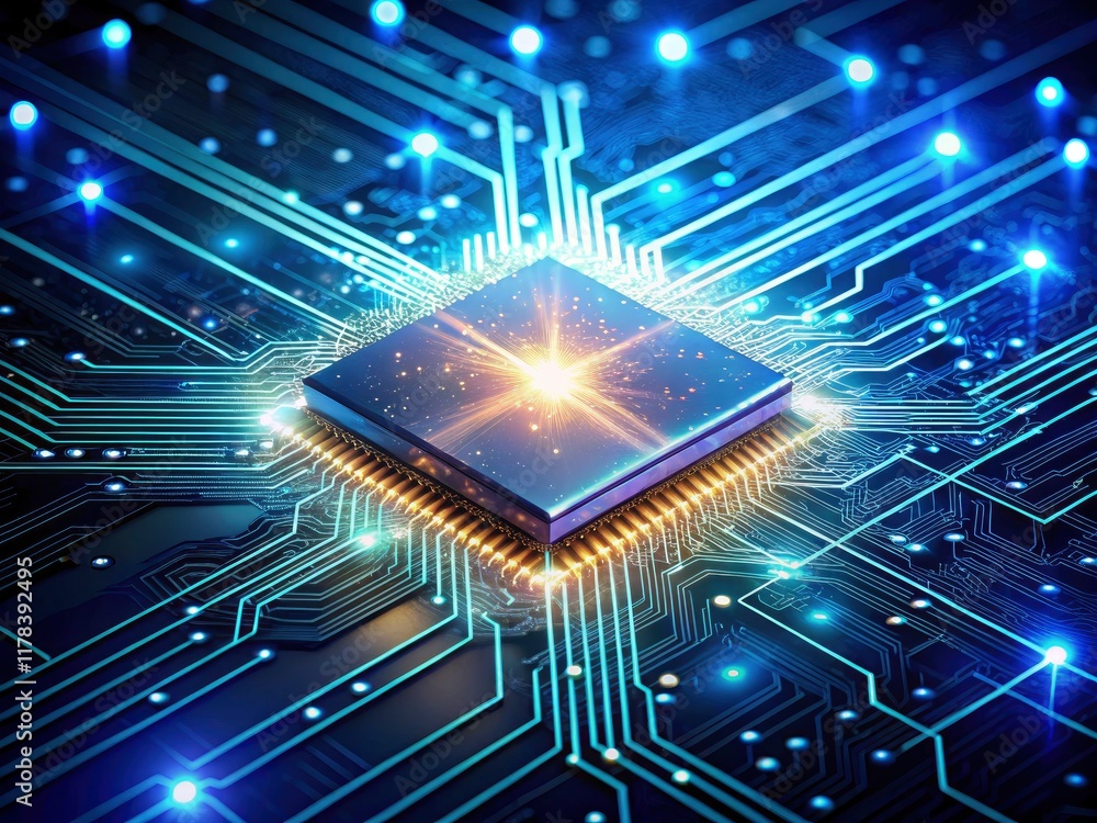 Poster glowing pathways illuminate a futuristic microchip, showcasing cutting-edge technology in a dazzling