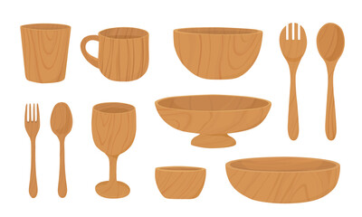 Set of wooden dining ware. Cup, salad bowl, wine goblet, fruit bowl, fork and spoon. Hand drawn illustration vector.	