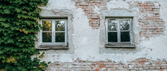 Fototapeta premium Old European Brick House Facade Weathered Walls Ivy Windows