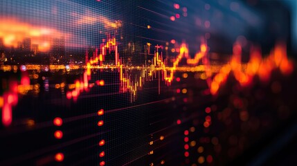 Fototapeta premium Graphic financial data displayed on screen against a city skyline at sunset.