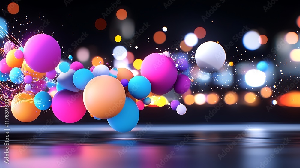 Poster abstract colorful spheres floating in dark background with bokeh lights.