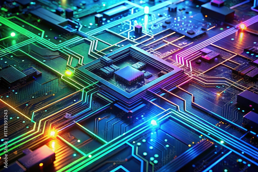 Poster high-tech circuit board textures form an abstract aerial view, embodying digital networks and a futu