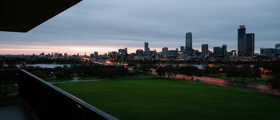 Stunning City Skyline at Dusk  Modern Architecture  Green Space  Urban Landscape