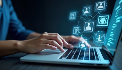 Business woman works on laptop. Virtual display shows chat app icons. Woman transfers information from laptop to mobile phone. Chatbot assistance, CRM tech support. Online work environment. Modern