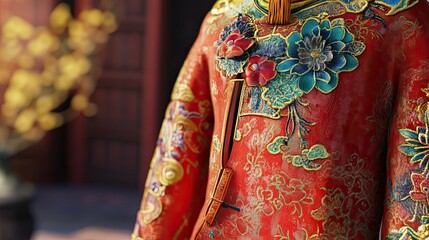 Naklejka premium Intricate floral embroidery on a red Chinese robe.
