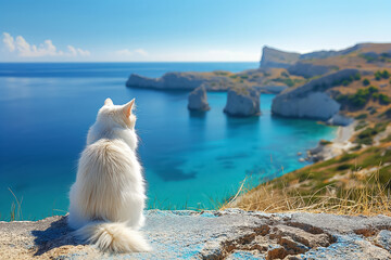 White cat overlooking stunning coastal landscape with rocky cliffs and turquoise sea