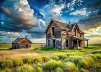 Abandoned Prairie Homestead, Architectural Photography, AI Art, Rural Decay