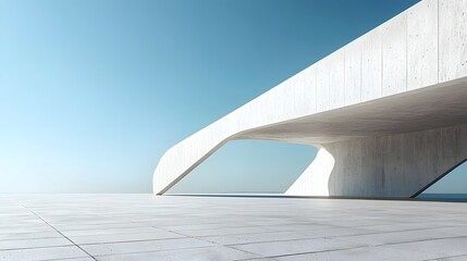Sleek Modern Abstract Architectural Building with Empty Concrete Floor Against Clear Blue Sky