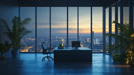 Fototapeta premium Modern office with city view at sunset.