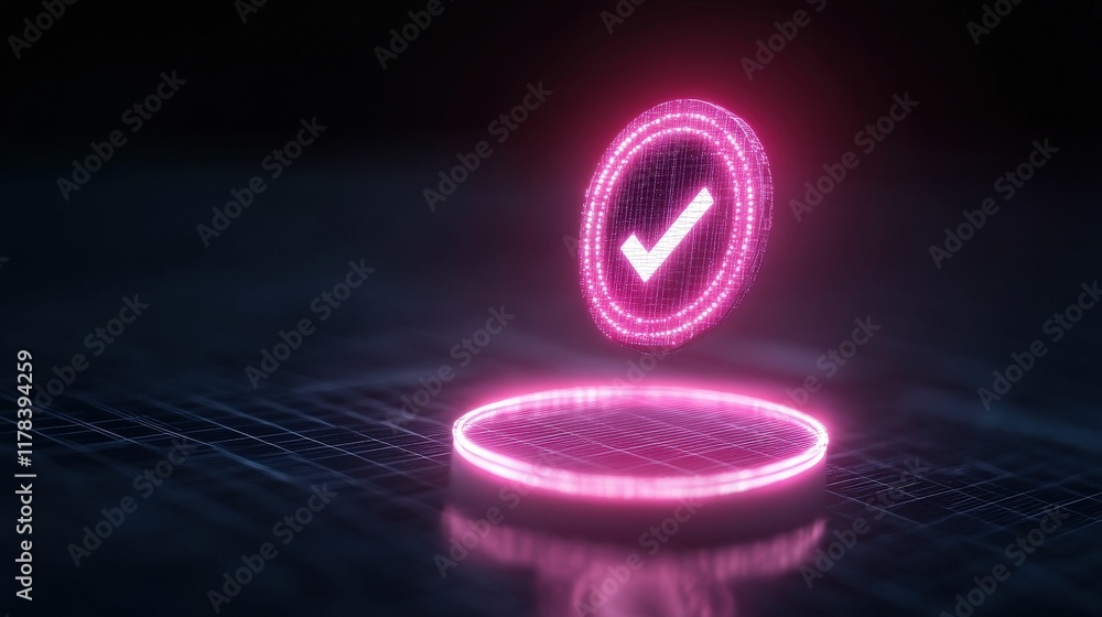 Poster a glowing pink checkmark icon hovers above a circular base, symbolizing approval or validation in a 